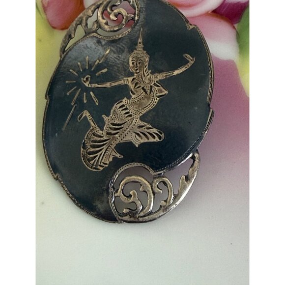 Vintage 40's Siam Sterling Silver Brooch Nielloware Goddess Dancer - Picture 3 of 8